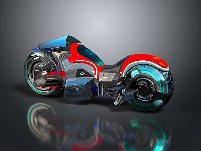 Futuristic Blue and Red Motorcycle with Sleek Design and Transparent Glowing Wheels 3d model