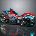 Futuristic Blue and Red Motorcycle with Sleek Design and Transparent Glowing Wheels