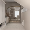 Elegant Modern SPA Sauna Interior With Curved Lighting Display Cabinet And Beige Lounge Chair