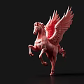 Striking Red Winged Horse Sculpture Art Installation Against Black Background