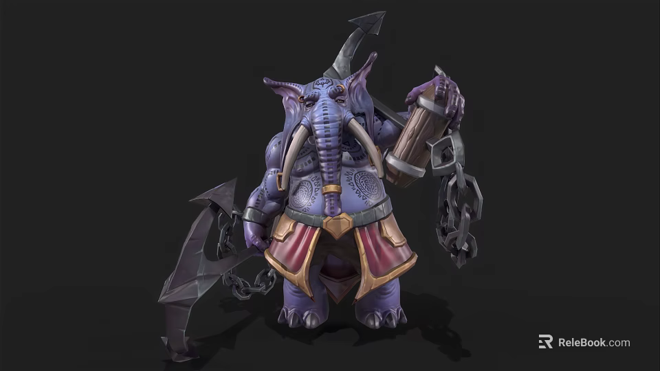 Purple Elephant Character In Decorative Armor Holding Weapon And Barrel With Chains 3d model 