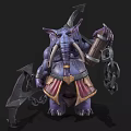 Purple Elephant Character In Decorative Armor Holding Weapon And Barrel With Chains