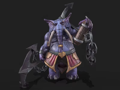 Purple Elephant Character In Decorative Armor Holding Weapon And Barrel With Chains 3d model