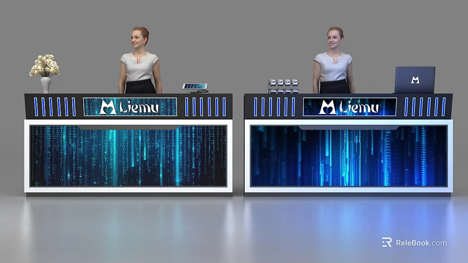 Liemu Modern Reception Desk With Blue Digital Code Patterns And Receptionists 3d model 