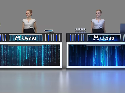 Liemu Modern Reception Desk With Blue Digital Code Patterns And Receptionists 3d model