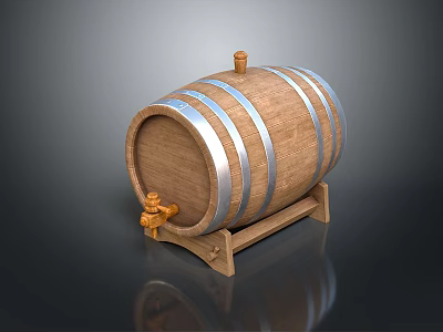 Traditional Wooden Barrel With Silver Metal Hoops On Wooden Stand And Brass Tap 3d model
