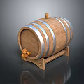 Traditional Wooden Barrel With Silver Metal Hoops On Wooden Stand And Brass Tap