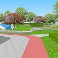 Modern Entrance Gate With Stone Wall Flat Roof Yellow Striped Pathway And Lush Greenery