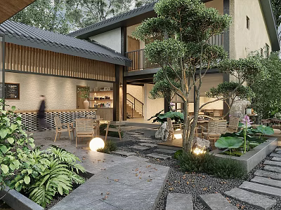 Traditional Chinese Garden Landscape With Courtyard Stone Pathway Trees And Lotus Plants 3d model