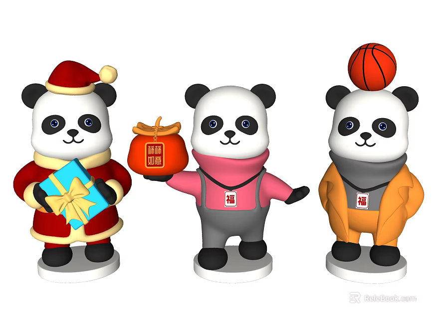 Panda Sculptures With Santa Hat Gift Fortune Bag Pink Outfit Basketball And Orange Coat 3d model 