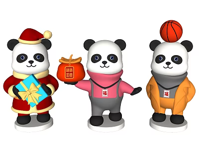 Panda Sculptures With Santa Hat Gift Fortune Bag Pink Outfit Basketball And Orange Coat 3d model