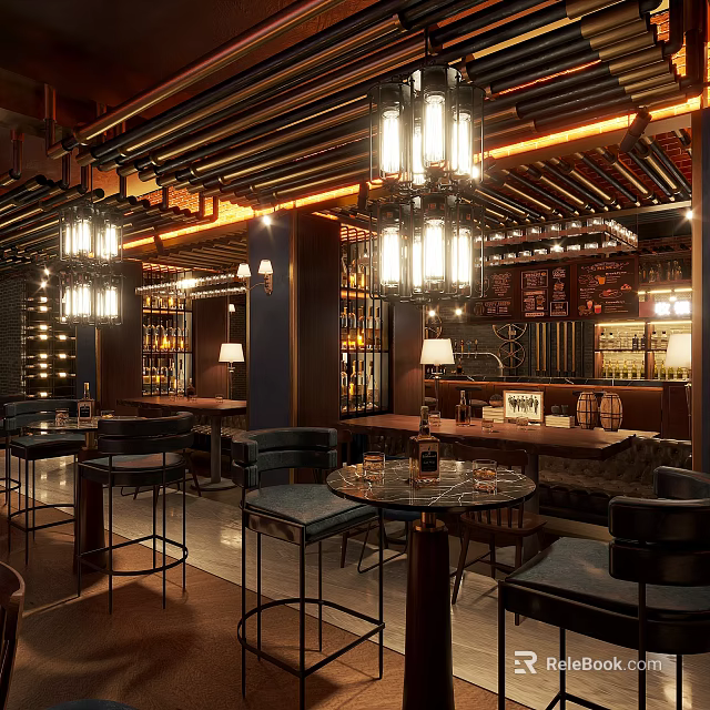 Chic Bar Interior With Chandeliers High Chairs And Wine Racks 3d model 