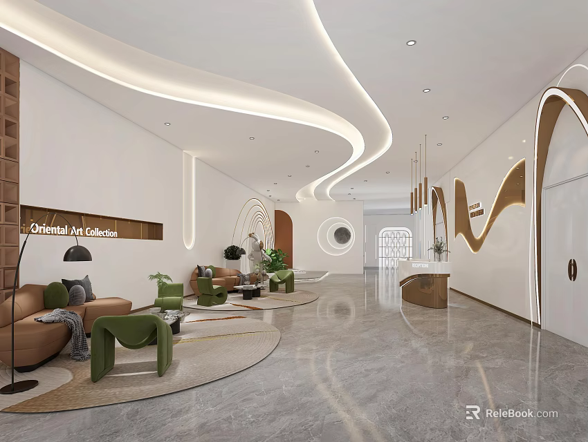 Modern Luxury Banquet Hall With Reception Area Sofas Green Plants Chandeliers And Marble Floor 3d model 