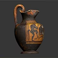 Ancient Clay Vase With Curved Handle And Orange Black Decorative Patterns 3d model