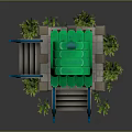 Cartoon House with Green Wavy Roof Round Windows Brown Door White Steps and Blue Railings