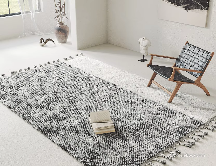 Square Fringed Rug With Black White Design In Minimalist Living Room 3d model 
