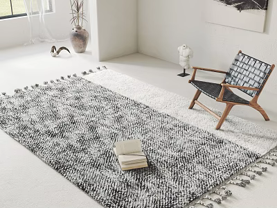 Square Fringed Rug With Black White Design In Minimalist Living Room 3d model