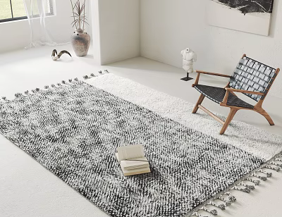 Square Fringed Rug With Black White Design In Minimalist Living Room 3d model