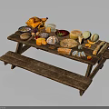Wooden Picnic Table With Assorted Food Including Roast Chicken Cheese Fruits And Breads