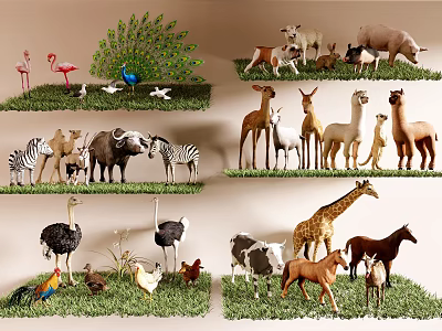 Assorted Toy Animal Figurines Collection With Peacock Flamingos Zebras Llamas Giraffe And Chickens On Grass 3d model