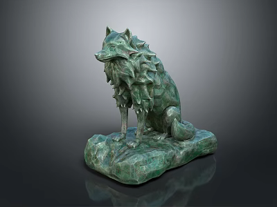 Artistic Green Wolf Sculpture With Intricate Mane Sitting On Textured Stone Base 3d model