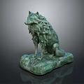 Artistic Green Wolf Sculpture With Intricate Mane Sitting On Textured Stone Base