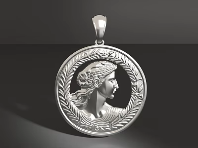 Silver Round Pendant With Engraved Female Head And Laurel Wreath Border 3d model