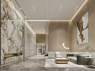 Modern Front Desk Reception Interior With Marble Wall Wooden Decor Sofa And Decorative Painting 3d model