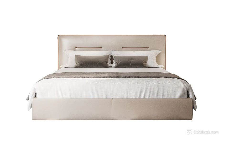 Modern Upholstered Double Bed With Beige Headboard Soft Pillows And White Bedspread 3d model 