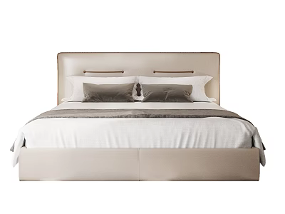 Modern Upholstered Double Bed With Beige Headboard Soft Pillows And White Bedspread 3d model
