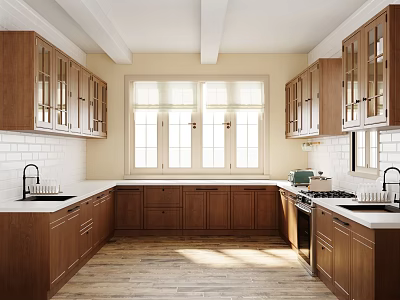 Warm Traditional Kitchen Interior With Wooden Cabinets Large Windows White Countertops And Wooden Flooring 3d model