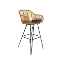 Modern Rattan Bar Stool With Black Padded Seat And Metal Legs Design