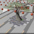 Tree Pit with Large Tree and Hanging Orange Lanterns in Paved Courtyard Area