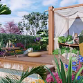 Charming Garden Courtyard With Striped Awnings Greenery Covered Walls Colorful Flowers Pool And Stone Steps