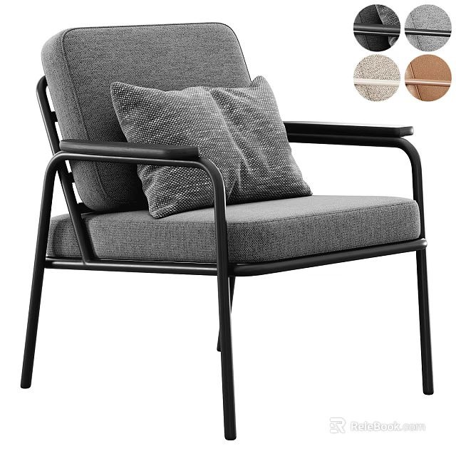 Gray Fabric Leisure Chair With Black Metal Frame And Optional Beige Brown Cushions 3d model 