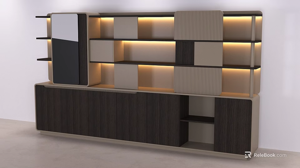 Modern Decorative Cabinet With Wooden Panels Layered Shelves And Ambient Lighting 3d model 