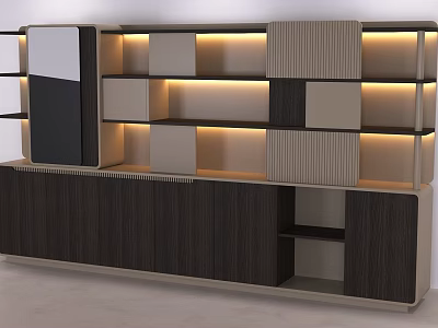 Modern Decorative Cabinet With Wooden Panels Layered Shelves And Ambient Lighting 3d model