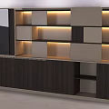 Modern Decorative Cabinet With Wooden Panels Layered Shelves And Ambient Lighting