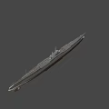 Military Submarine With Gray And Brown Hull Deck Equipment Periscope Cannons Floating On Water Surface