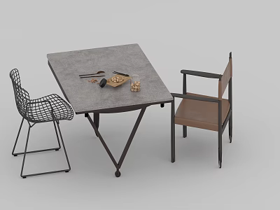 Square Gray Dining Table With Metal Frame Two Chairs Cutlery Basket And Cup 3d model