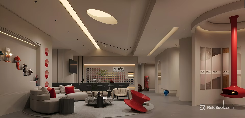 Modern Reception Area Interior With Red Accent Chair Sofa Round Skylight And Light Strips 3d model 