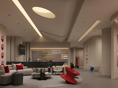 Modern Reception Area Interior With Red Accent Chair Sofa Round Skylight And Light Strips 3d model