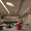 Modern Reception Area Interior With Red Accent Chair Sofa Round Skylight And Light Strips