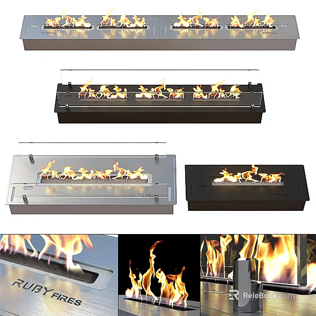 Modern Linear Fireplace With Burning Flames And Stainless Steel Black Finish 3d model 