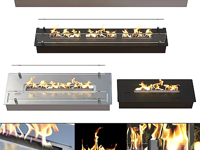Modern Linear Fireplace With Burning Flames And Stainless Steel Black Finish 3d model