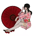 Woman In Red Kimono With Red Umbrella White Thigh High Socks And Wooden Geta Sandals