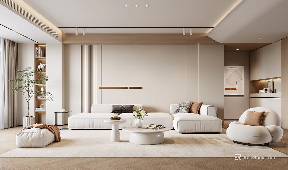 Modern Living Room Interior With Beige Sofa Round Coffee Table White Ottoman And Green Plant 3d model 