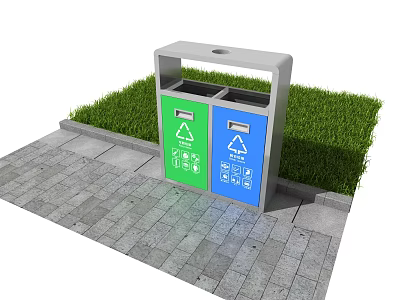 Roadside Recycling Bins With Green And Blue Compartments For Sorting On Paved Sidewalk Near Grass 3d model
