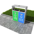 Roadside Recycling Bins With Green And Blue Compartments For Sorting On Paved Sidewalk Near Grass