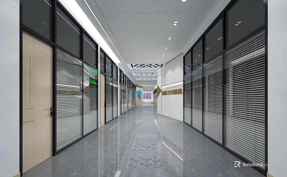 Modern Elevator Corridor Design With Glass Doors Blinds And Shiny Tiled Floor 3d model